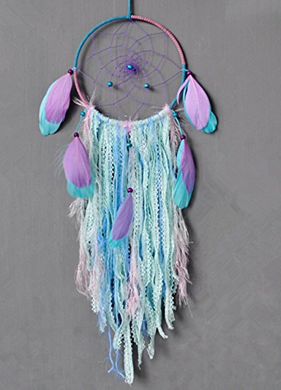 Buvelife Dream catcher handmade traditional white feather wind chime wall hanging home decoration (Purple Bohemia Dream Catcher)