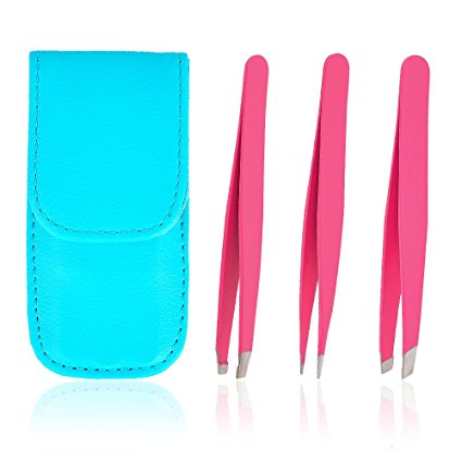 Eyebrow Tweezers Set Stainless Steel Precision Tweezer Slant Flat Pointed Tip with a Leather Case for Plucking Ingrown Hair Splinters Facial Nose Hair Bikini Line Eyebrows Eyelash Pink Pack of 3 by Ouway