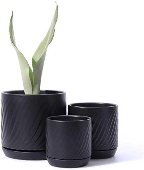 POTEY 053307 Plant Pots with Drainage Holes & Saucer - Glazed Ceramic Modern Planters Indoor Bonsai Container for Plants Flower Aloe(Set of 3-6.6   5.1   4.2 Inch, Matte Black, Plants Not Included)