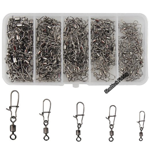 Shaddock Fishing 210pieces/box Fishing Swivel Snap Connectors Size 2 4 5 6 8 High-strength Fishing Rolling Swivels with Nice Snaps Fishing Tackle Kit (100% Copper+Stainless Steel)