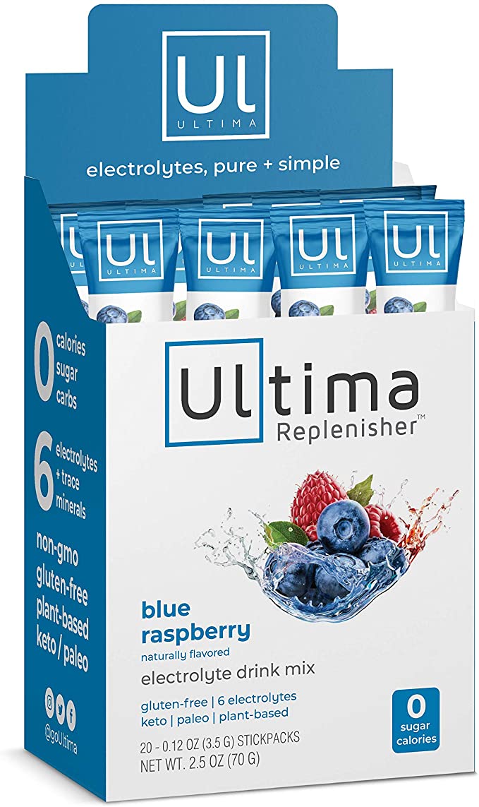Ultima Replenisher Electrolyte Hydration Powder, Blue Raspberry, 20 Stickpacks - Sugar Free, 0 Calories, 0 Carbs - Gluten-Free, Keto, Non-GMO, Vegan, with Magnesium, Potassium, Calcium