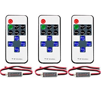 FAVOLCANO (3 Pack) Mini LED Controller Dimmer with 11 Key RF Wireless Remote Control DC 5~24V 12A for Single Color 3528 5050 LED Strip Lights