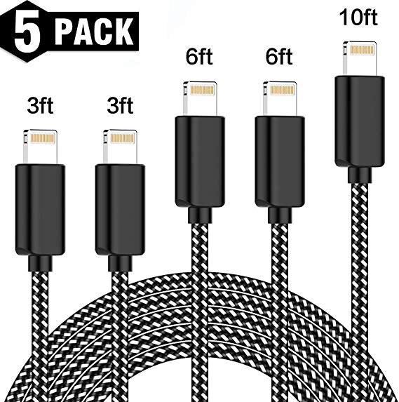 GEJIN MFi Certified iPhone Charger Lightning Cable 5 Pack[3/3/6/6/10FT] Extra Long Nylon Braided USB Charging&Syncing Cord Compatible iPhone Xs/Max/XR/X/8/8Plus/7/7Plus/6S/6S Plus/SE/iPad/Nan More
