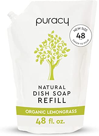 Puracy Natural Dish Soap Refill, Gently Scented with Organic Lemongrass, Skin-Softening Plant-Based Liquid Dishwashing Detergent Soap, Clean-Rinsing Water-Sheeting Formula, 48 Ounce