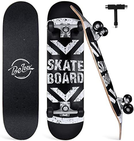 BELEEV Skateboards for Beginners, 31" x 8" Complete Skateboard for Kids Teens & Adults, 7 Layer Canadian Maple Double Kick Deck Concave Cruiser Trick Skateboard with All-in-One Skate T-Tool