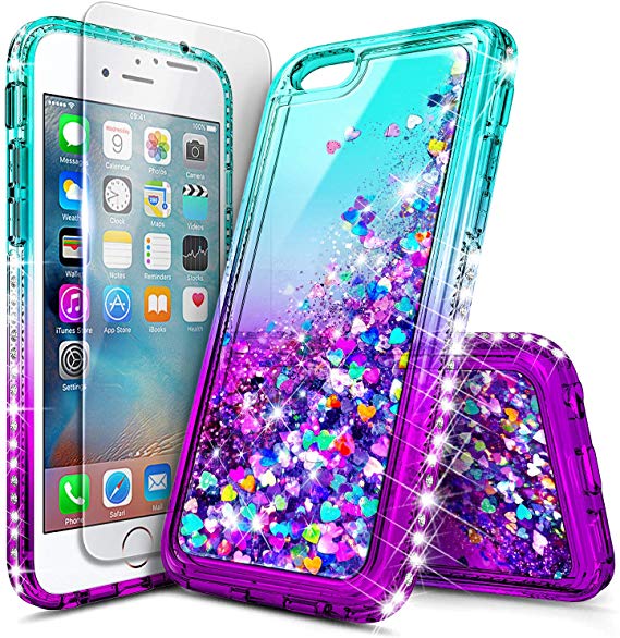 iPhone 6S Plus Case, iPhone 6 Plus with Tempered Glass Screen Protector for Girls Women Kids, NageBee Glitter Liquid Waterfall Floating Durable Moving Quicksand Cute Phone Case -Aqua/Purple