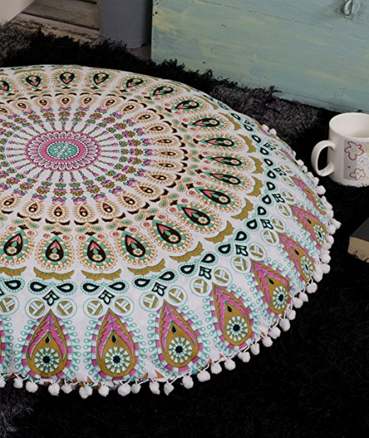 Popular Handicrafts Large Ombre Mandala Round Hippie Floor Pillow - Cushion - Pouf Cover Bohemian Yoga Decor Floor Cushion Case - 32" Multicolor