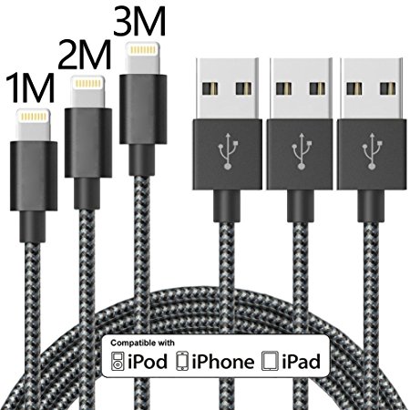 Lightning Cable,ONSON 3Pack 1m 2m 3m Extra Long Nylon Braided Apple iPhone Charger Cable Charging Lead Cord USB Wire for iPhone 7/7 Plus/6S Plus/6 Plus/5/5S/5C/SE,iPad Pro/Air/mini,iPod(Black White)