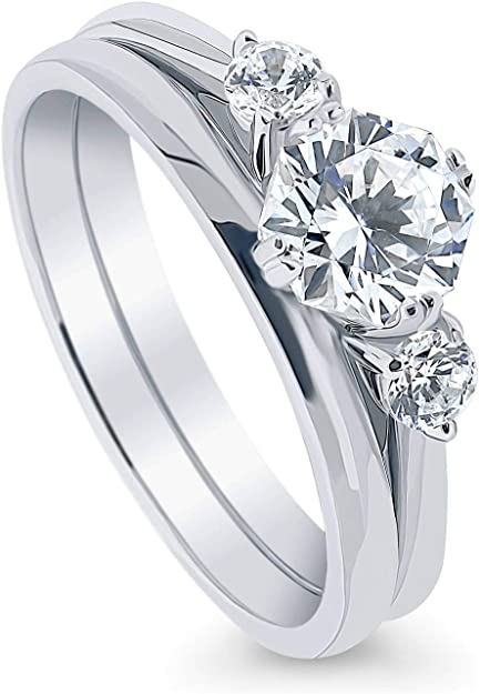 BERRICLE Rhodium Plated Sterling Silver 3-Stone Anniversary Engagement Wedding Ring Set Made with Swarovski Zirconia Octagon Sun Cut 1.47 CTW