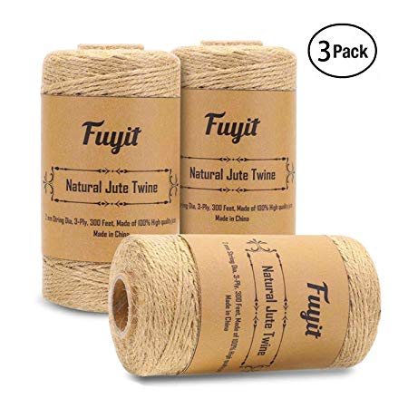 Fuyit 3 Pack Natural Jute Twine String Arts Crafts Jute Rope Cord Light Duty Industrial Packing Materials Packing String for Gifts,Festive and Gardening (3Ply, 3 Pcs x 300 Feet)