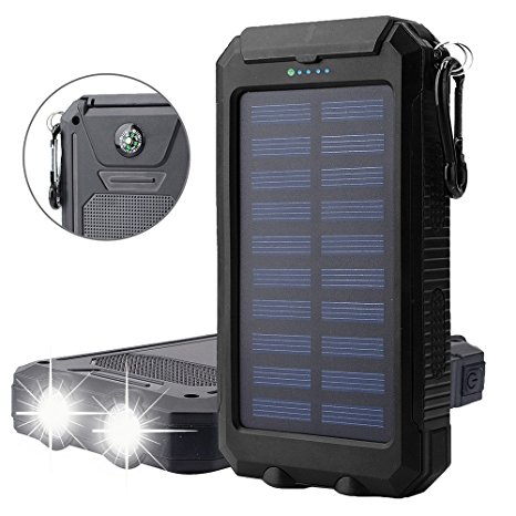 Solar Charger, Bovon Portable 10000mAh Dual USB Solar Battery Charger External Battery Pack Phone Charger Power Bank with Flashlight & Compass for Outdoors [Rainproof, Dust-proof, Shockproof] (Black)