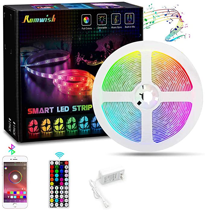 16.4ft LED Strip Lights, Music Sync Color Changing RGB LED Strip with 44 Keys RF Remote, Sensitive Built-in Mic, Bluetooth Controller, Timing Function for for Kitchen, Bedroom, TV, Party, DIY Decora