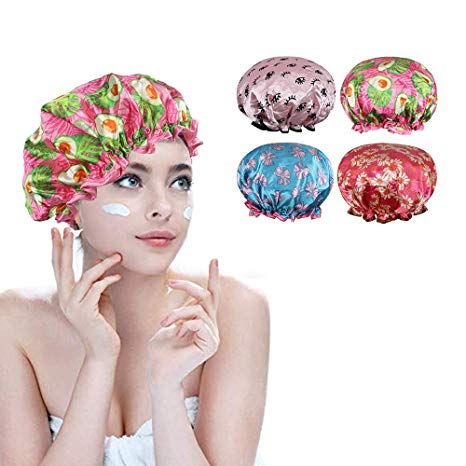 Rovtop Shower Caps，4 Packs Waterproof Shower Caps Elastic Band Shower Hats Double Layer Bath Caps Perfect for Women and Girls