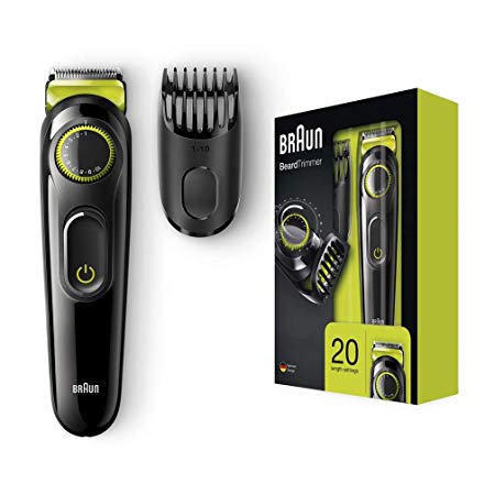 Braun BeardTrimmer BT3021 Beard Trimmer and Hair Clipper, Lifetime Sharp Blades, Black/Volt Green