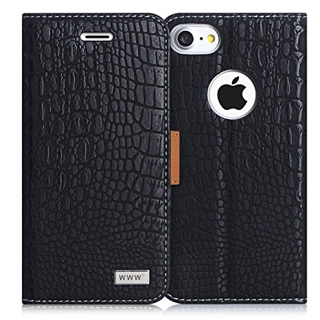iPhone 8 Case, iPhone 7 Case, WWW [Crocodile Pattern] Premium PU Leather Wallet Case Flip Phone Case Cover with Card Slots for iPhone 7/8 Black