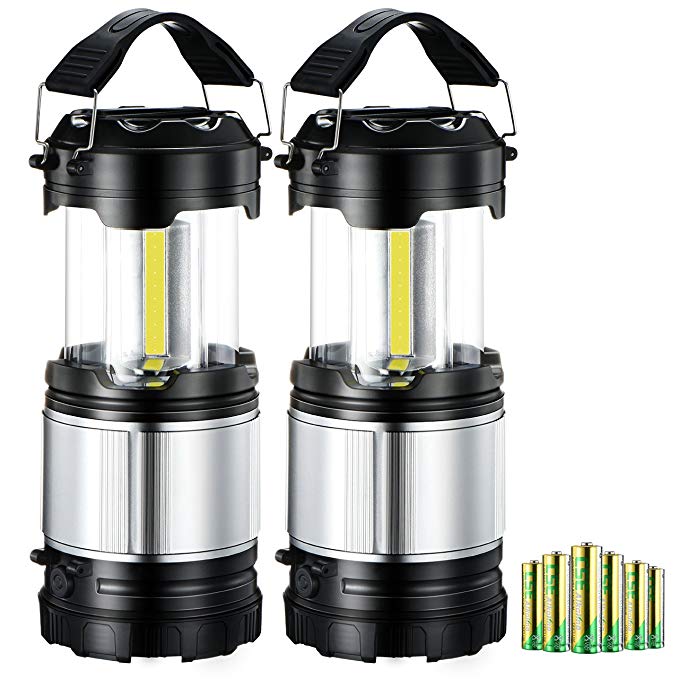 [Upgraded Version] Camping Light, TOPELEK Portable 2-in-1 Collapsible LED Lantern with 6 AA Batteries, 300lm COB LED, Perfect Camp Lantern Flashlight Function for Camping, Outdoors, Emergency, Power Outage (Black, 2Pack)