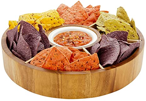 Chips and Dip Bowl, Salsa Serving Platter, Wooden Chip Dip Bowl - 12" - Acacia Wood & Porcelain Dip Bowl - Snacks, Chips, Hummus - 1ct Box - Restaurantware