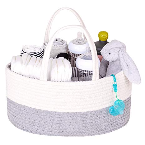 DOKEHOM Large Baby Diaper Caddy Organizer, Cotton Rope Multifunctional Nappy Storage Nursery Bin Basket with Removable Compartments (White&Grey)
