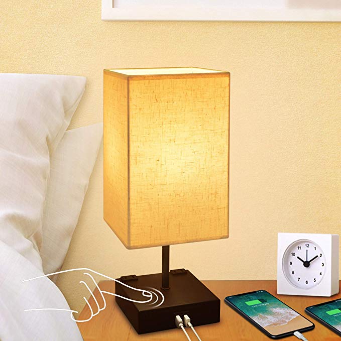 Dimmable 3-Way Touch Control Bedside Lamp,Cotanic Modern Table Lamp with USB Charging Ports,Square Fabric Linen Lampshade,Decorative Nightstand Lamps for Bedroom,E26 LED Bulb Included
