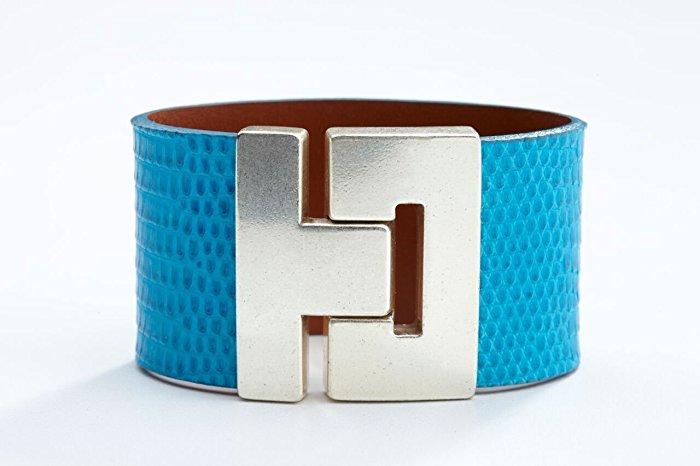 Odet Wide Handmade Luxury Lizard Leather Bracelet Turquoise in Gold/Silver Clasp Finish for Women