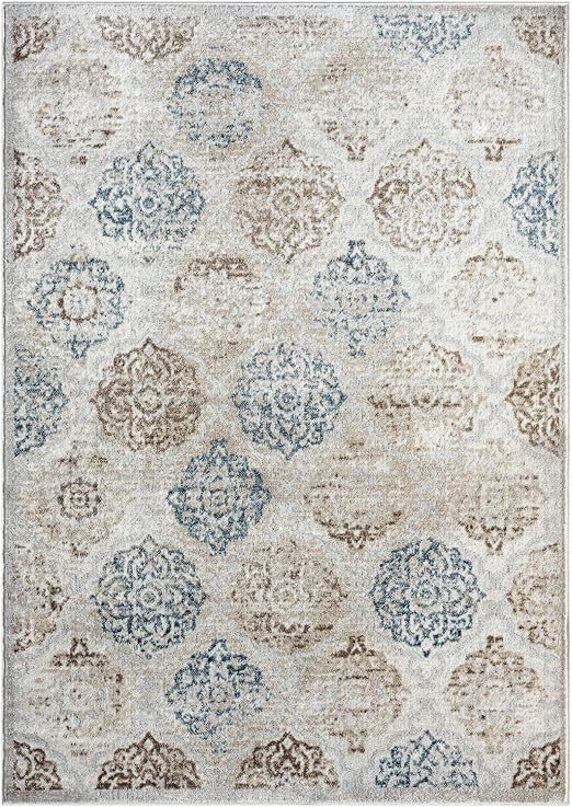 Home Dynamix Boho Andorra Transitional Damask Area Rug, Ivory/Navy Blue, 7'10"x10'2"