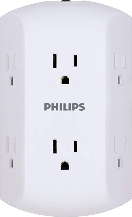 Philips SPS1460WA/37 6 Outlet Wall Charger, Resettable Circuit Breaker, Grounded, Multi Outlet, Side Access, Space Saving Design, Wall Tap, White