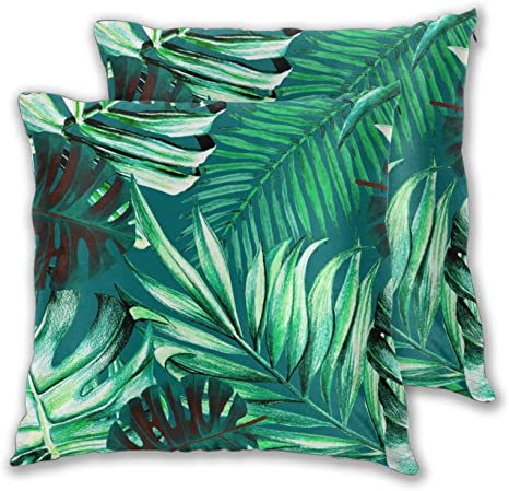 Palm Leaves Throw Pillow Covers Set of 2 Decorative Cotton Pillow Cover with Green Plant Tropical Palm Tree Leaves for Home Sofa Double-Sided Printing Pillowcases 18”x18”