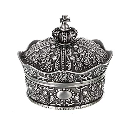 Hipiwe Vintage Jewelry Box, Antique Crown Design Trinket Treasure Chest Storage Organizer,Metal Earrings/Necklace/Ring Holder Case, Keepsake Giftb Box for Girls Women (Small)