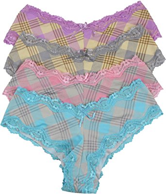 ToBeInStyle Women's Pack of 4 Hipster Panties in Argyle Print with Lace