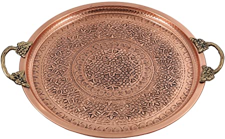 Traditional Design Handmade, Hand Painted Hand Punched Hammered Copper Serving Tray with Brass Handle Large (Copper)
