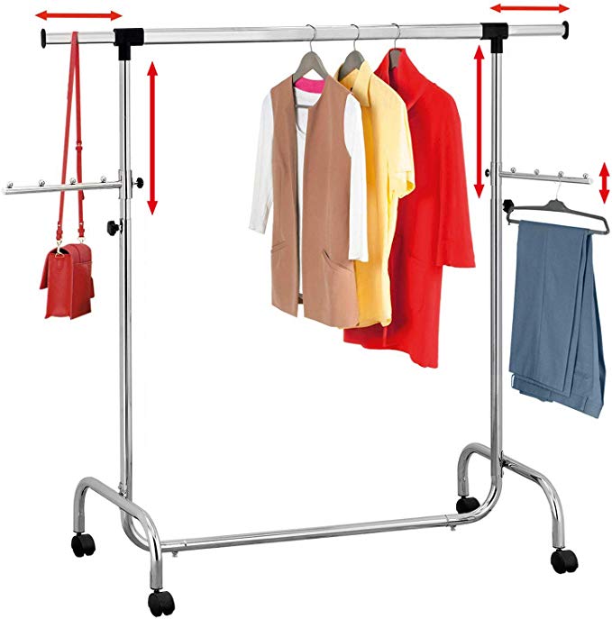 Tatkraft Falcon Heavy Duty Adjustable Clothes Rail, Rolling Garment, Sturdy Clothes Rack, Extendable Length 3.5-5.7 Ft and Height 4.5-6.1 Ft, Easy to Assemble, Chromed Steel