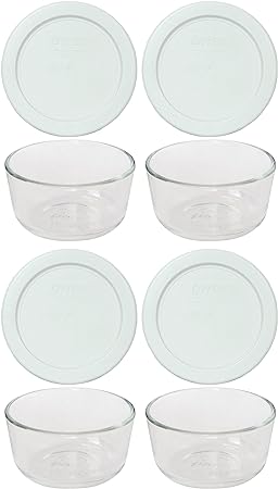 Pyrex (4 7202 Glass Bowls & (4) 7202-PC White Lids Made in the USA