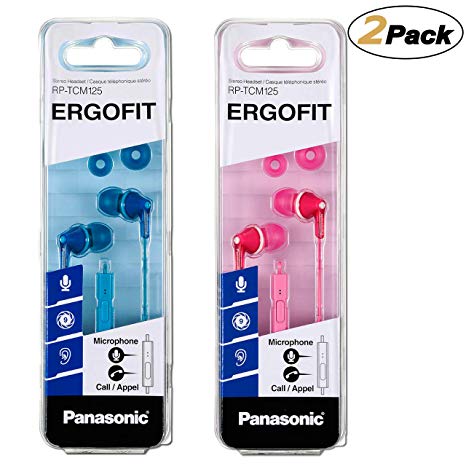 Panasonic ErgoFit Earbud Headphones with Mic and Controller RP-TCM125-A/P, (Blue Pink) [2Pack]