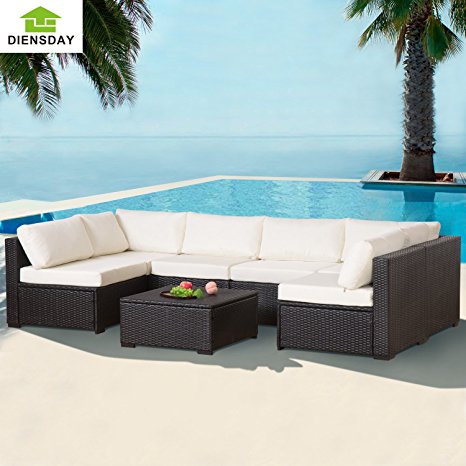 Diensday 7 Piece All-Weather Cushioned Outdoor Patio PE Rattan Wicker Sofa Sectional Furniture Set Clearance Garden Pool Furniture,Beige (Black,Mixed Grey)
