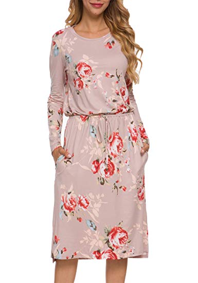 Simier Fariry Women's Modest Floral Long Sleeve Pockets Midi Work Casual Dress