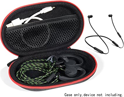 in Ear Headphone Case for BeatsX, Powerbeats2, Powerbeats3, Urbeats Earphones, Mesh Cable Pocket, Detachable Wrist Strap, Strong Compact Light Weight semi Hard case, Black   Red Zip