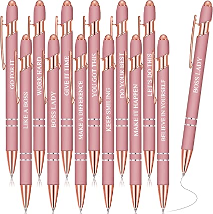 12 Pieces Quotes Pen Inspirational Ballpoint Pen with Stylus Tip Motivational Messages Pen Metal Inspirational Pen Set Metal Black Ink Pens Encouraging Stylus Pen (Rose Gold,Women Style)