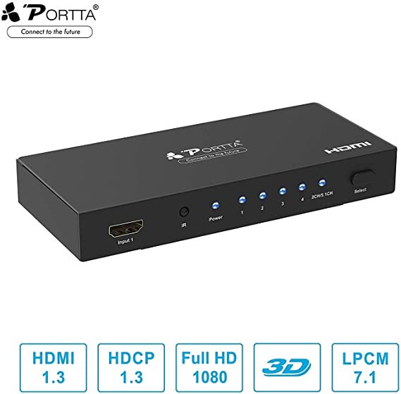 Portta 4 Port HDMI Switch Auto 4x1 Audio Extraction Switcher with IR Digital Coaxial Toslink Stereo Out Selector Switch Box Support 5.1CH/2CH 3D HDCP 1.3 1080P@60hz for HDTV/PS4/Xbox/Blu-ray/STB/PC