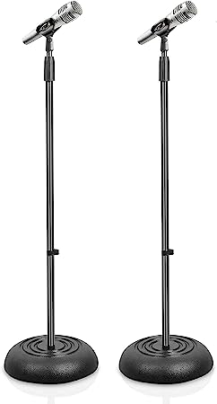 Universal Compact Base Microphone Stand - 2.8 to 5 Ft Height Adjustable Heavy Duty Lightweight Studio Floor Standing Mic Holder w/ Standard 5/8" Mic Adapter - Pyle PMKS5X2 (Pair)