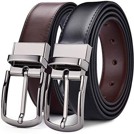 DWTS Men's Belt Adjustable Reversible Genuine Leather Dress Belt for Men with Rotated Buckle Trim to Fit