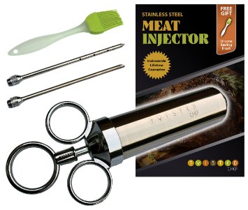 Meat Marinade Injector Set by Twisted Chef - Stainless Steel 2oz Gun - Kit Includes 2 Syringe Injectors - Free Silicone Baster Brush - Pump More Flavor into Turkey, Brisket, Cajun Chicken Recipes
