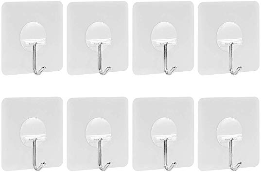 WYCTIN Adhesive Hooks 13.5lb(Max) Heavy Duty Transparent Reusable Wall Hook Nail Free,No Scratch,Waterproof and Oilproof for Home Bathroom,Kitchen Wall Door Ceiling (8 Pack)