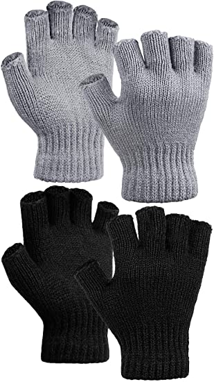 Cooraby 2 Pairs Thickened Warm Half Finger Gloves Winter Knitted Fingerless Gloves for Men and Women