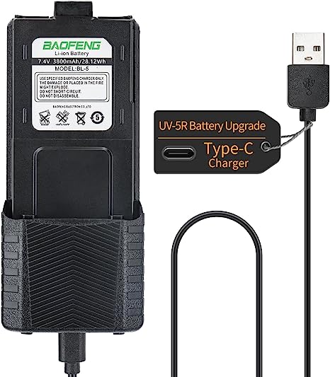 BAOFENG BL-5 3800mAh Extended Battery with Type-C Charger Cable for Walkie Talkie UV-5R BF-F8HP UV-5RX3 RD-5R UV-5RTP UV-5R MK2 MK3X MK5 Plus Series Two Way Radio