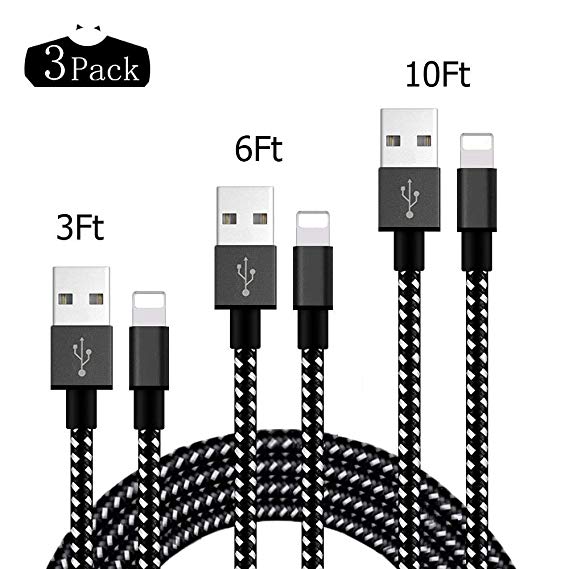 iPhone Charger,MFi Certified Lightning Cable,3 Pack (3/6/10FT) Extra Long Nylon Braided Charging&Syncing Cord Compatible with iPhone Xs/XR/XS Max/X/7/7Plus/8/8Plus/6S/6SPlus/5/5s/5c(Black&White)