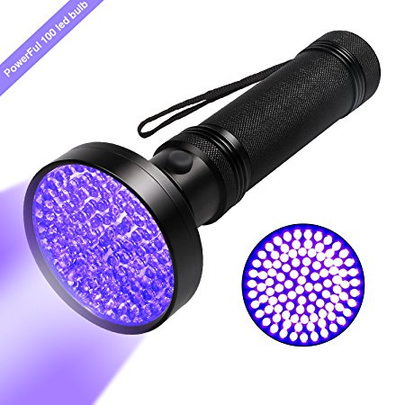 UV Blacklight Flashlight, Hinmay Super Bright 100 LED # 1 Best Powerful Black Light Flashlight 395NM Ultraviolet Urine Detector Flashlight for Home & Hotel Inspection, Pet Urine & Stain Detection