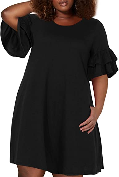 Nemidor Women's Ruffle Sleeve Jersey Knit Plus Size Casual Swing Dress with Pocket