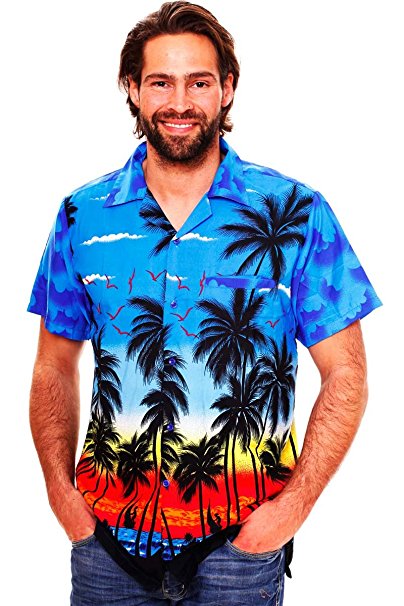 Funky Hawaiian Shirt For Men Short Sleeve Front-Pocket Beach Palm Blue