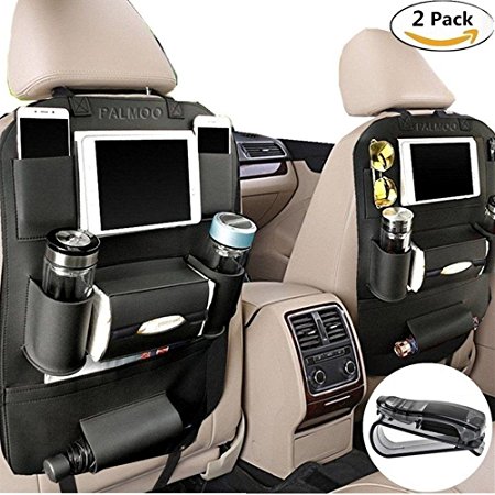 PALMOO Pu Leather Car Seat Back Organizer and iPad mini Holder, Universal Use as Car Backseat Organizer for Kids, Storage Bottles, Tissue Box, Toys (2 Pack, Black)