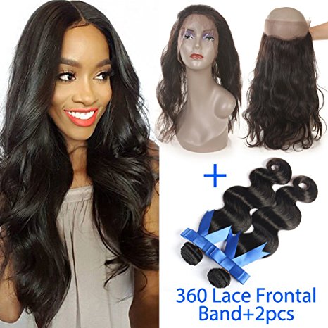 GEFINE Hair Brazilian Virgin Human hair Bundles 2pcs   360 Lace Band Frontal Closure Body Wave with Natural Hairline & Adjustable Strap 14 14 10inch
